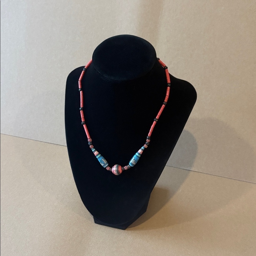 Colorful painted wood Beaded Necklace handmade tribal design